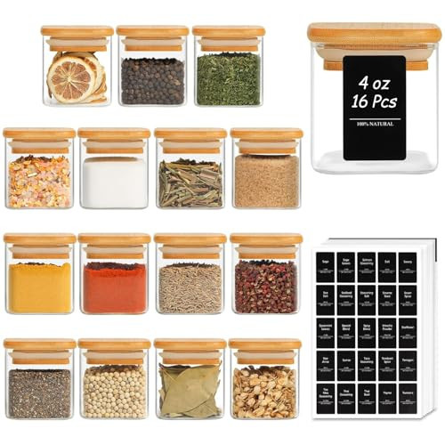 ComSaf 16Pcs Glass Spice Jars with Bamboo Lid, 4oz Airtight Square Spice Containers with 275 Black Lables, Empty Seasoning Jars for Spice Salt Sugar | Amazon (US)