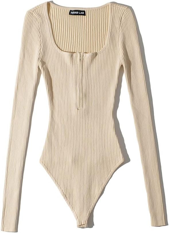efvandoloe Elegant Long Sleeve Square Collar Zipper Knitted Stretchable Slim Bodysuit Women Tops ... | Amazon (US)