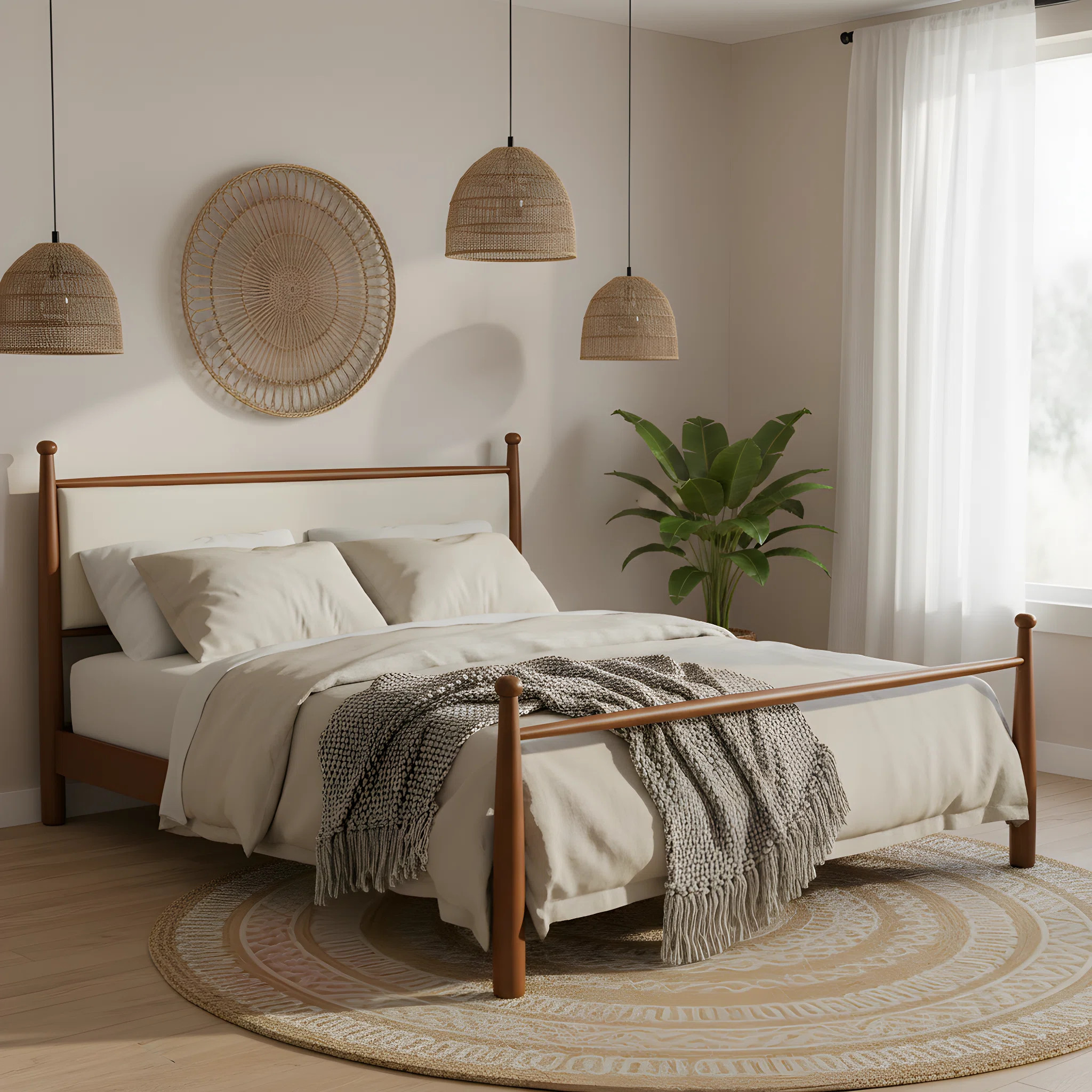 NFusion Harlow Modern Farmhouse Poplar Wood Bed Frame with Upholstered Headboard and Slat Support... | Wayfair North America