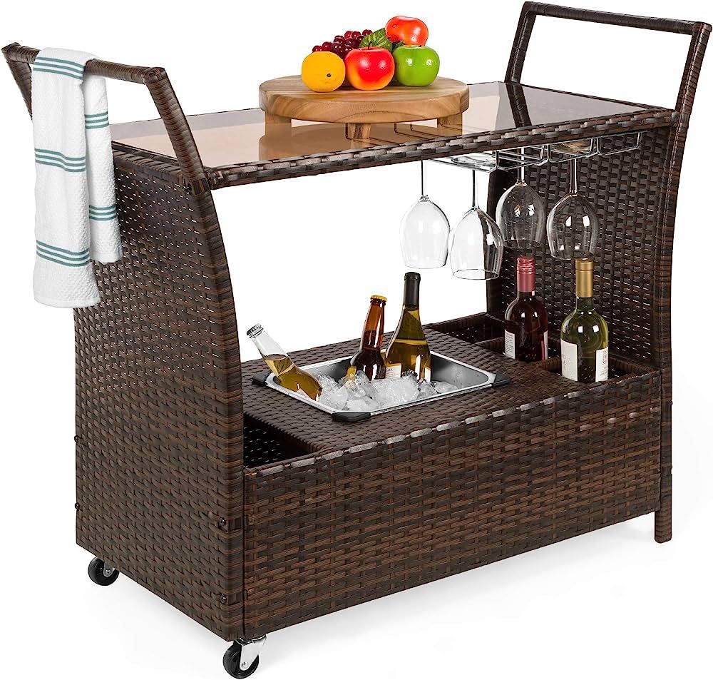 Best Choice Products Outdoor Rolling Wicker Bar Cart w/Removable Ice Bucket, Glass Countertop, Wi... | Amazon (US)
