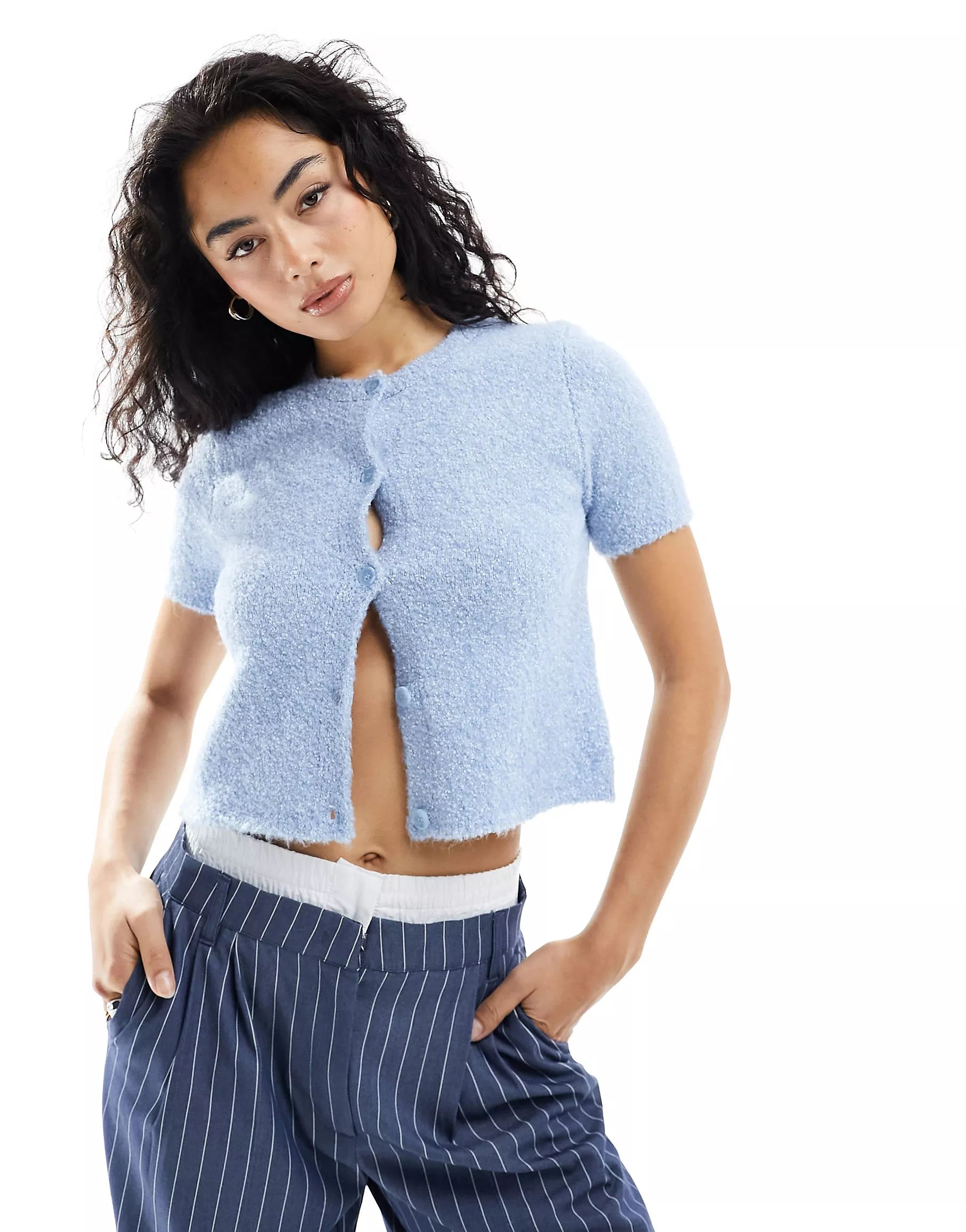 ASOS DESIGN knitted button front short sleeve cardigan in fluffy yarn in blue | ASOS | ASOS (Global)