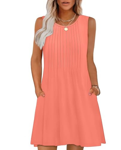Summer Dresses for Women 2025 Casual Womens Dresses Pleated Sundresses Flowy Beach Vacation Clothes Fashion Swing Resort Wear Cruise Outfits Coral S | Amazon (US)