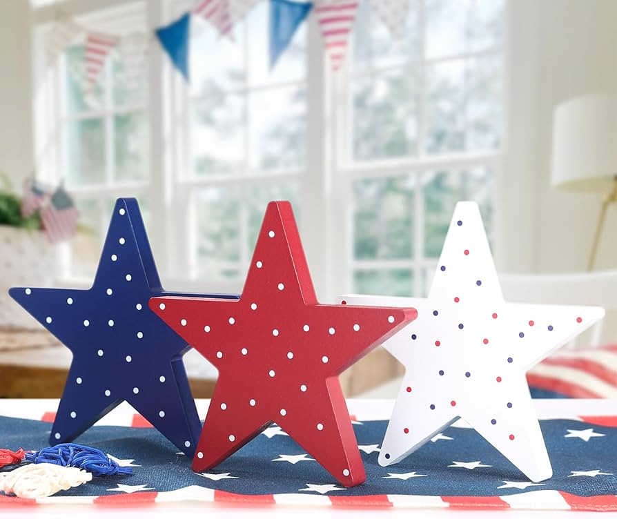 4th of July Decorations-3Pcs Patriotic Wooden Stars Sign-Classic Red White Blue Memorial Day Deco... | Amazon (US)