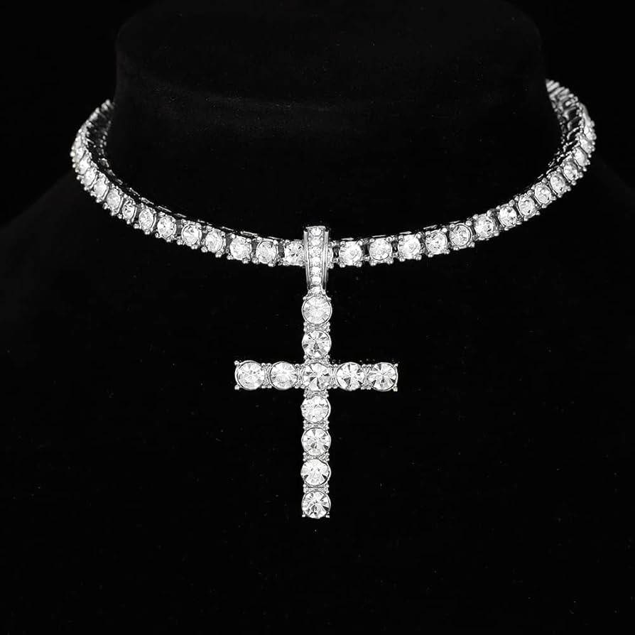 Men Women Hip Hop Cross Pendant Necklace with 4mm Zircon Tennis Chain Iced out Bling Necklaces Hi... | Amazon (US)