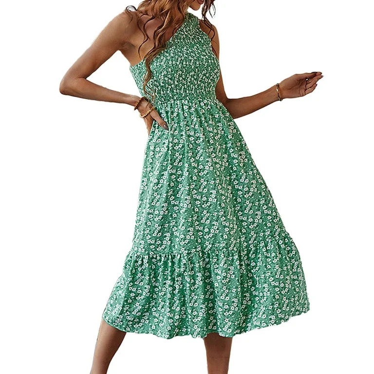 Women Summer Boho Floral Print One Shoulder Sleeveless Maxi Dress Beach Flowy Swing Ruffle Hem Lo... | Walmart (US)