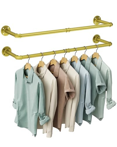 OROPY Industrial Pipe Clothes Rack Wall Mounted Set of 2, 38.4 inches Heavy Duty Iron Pipe Clothing Garment Rail, Multi-Purpose Clothing Hanging Rod for Laundry Room and Closet Storage, Gold | Amazon (US)