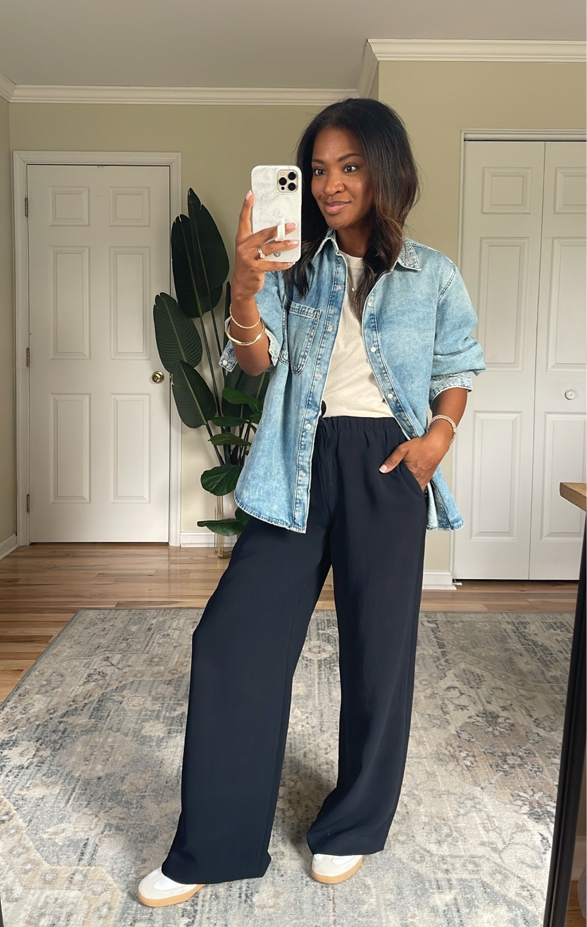 My target denim button-down is on sale today. I wear a size small. Wearing a size small in the pants as well. Size down 1/2 in the shoes. ￼￼