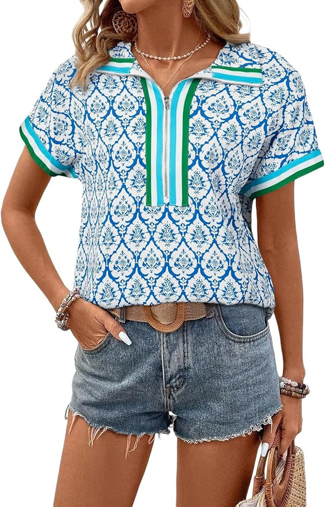SHEWIN Women Boho Woven Non-Stretch Shirts Summer Half Zip Tops Business Casual 2026 | Amazon (US)