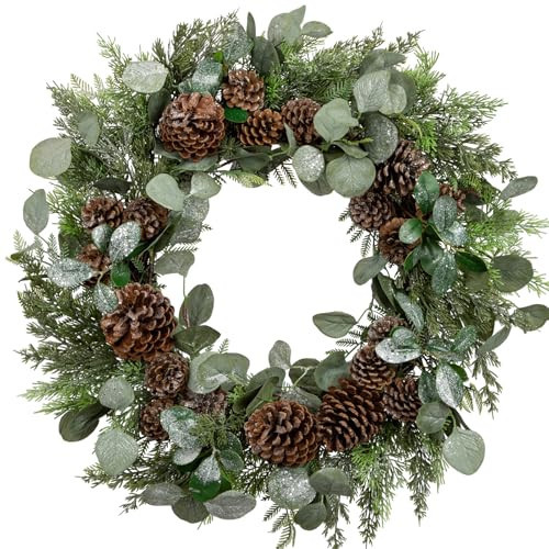 Briful Artificial Christmas Wreath 24 Inch Large Front Door Wreath with Glittering Eucalyptus Green Leaves Pine Branches Pine Cones for Home Room Mantle Wall Window Xmas Indoor Outdoor Decor | Amazon (US)
