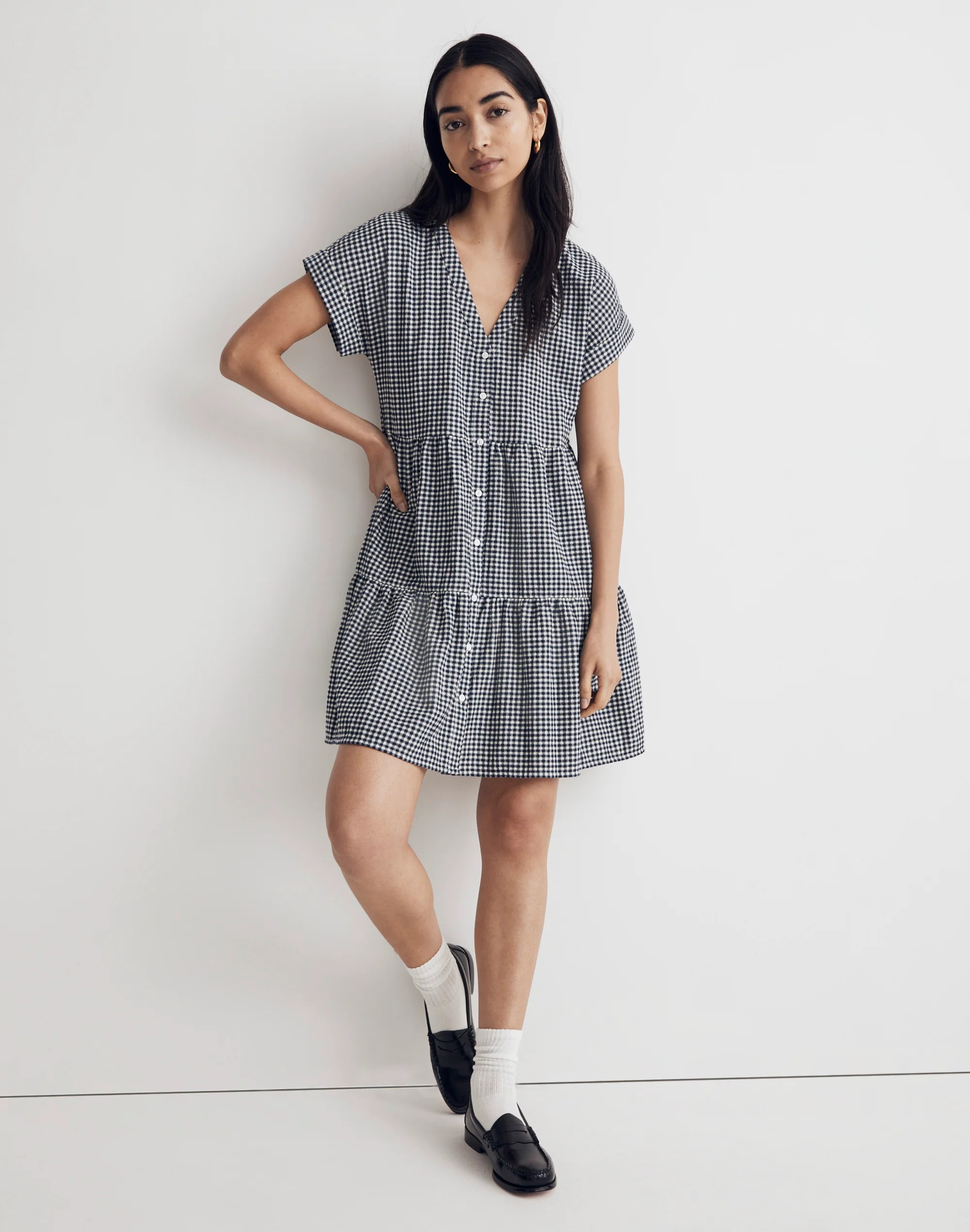 Cuff-Sleeve Button-Front Tiered Mini Dress in Gingham Check | Madewell