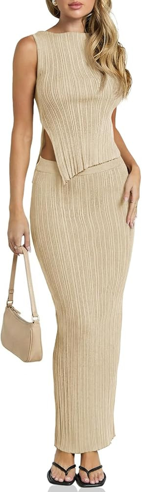 Wenrine Womens Ribbed Knit 2 Piece Outfit Sleeveless Crop Top High Waist Maxi Skirt Set Casual Su... | Amazon (US)