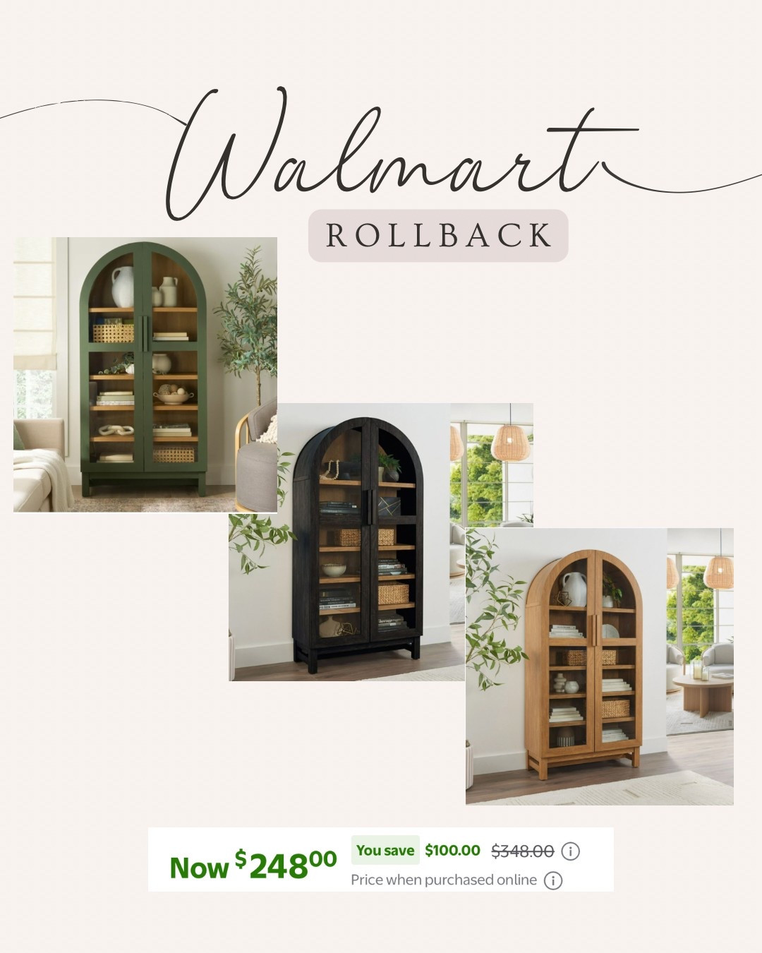 Rollback on the full glass door version of the viral Better Homes & Gardens arch cabinet in all colors!! I’ll also link up the gold hardware that I used on mine. 

#LTKSaleAlert #LTKHome