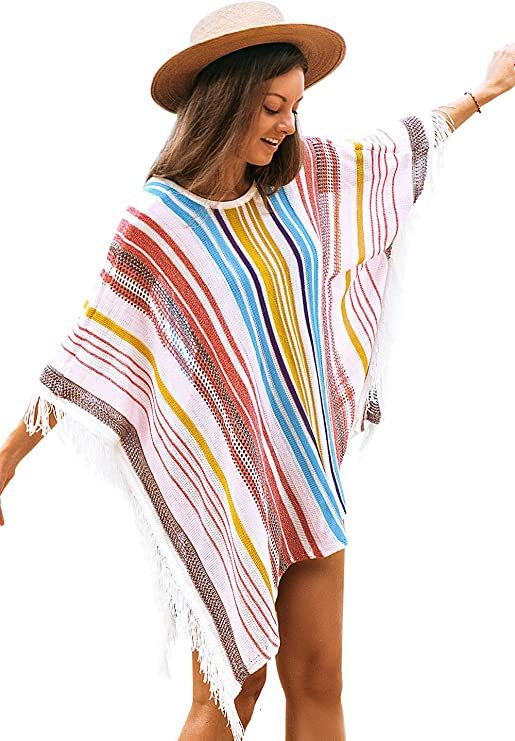 CUPSHE Women's Crochet Beach Bikini Cover Up Colorful Strip Tassels V Neck Drop Shoulde 3/4 Sleev... | Amazon (US)