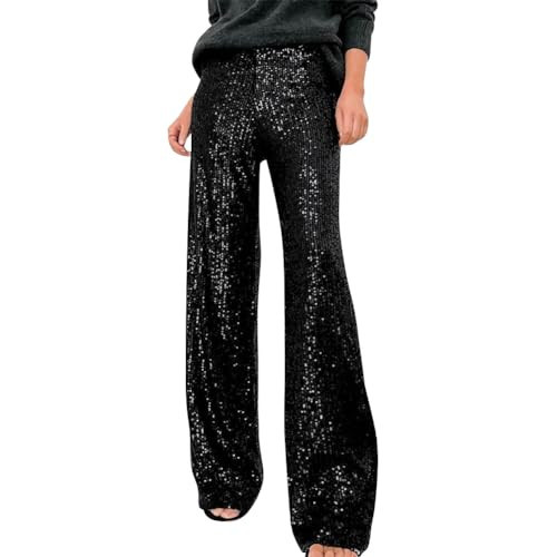 ODIZLI Black Women's Sequin Wide Leg Glitter Sparkle Dance Pants - Sequence Bell Bottom Leggings for Ladies Disco Costume Clubwear Party | Amazon (US)