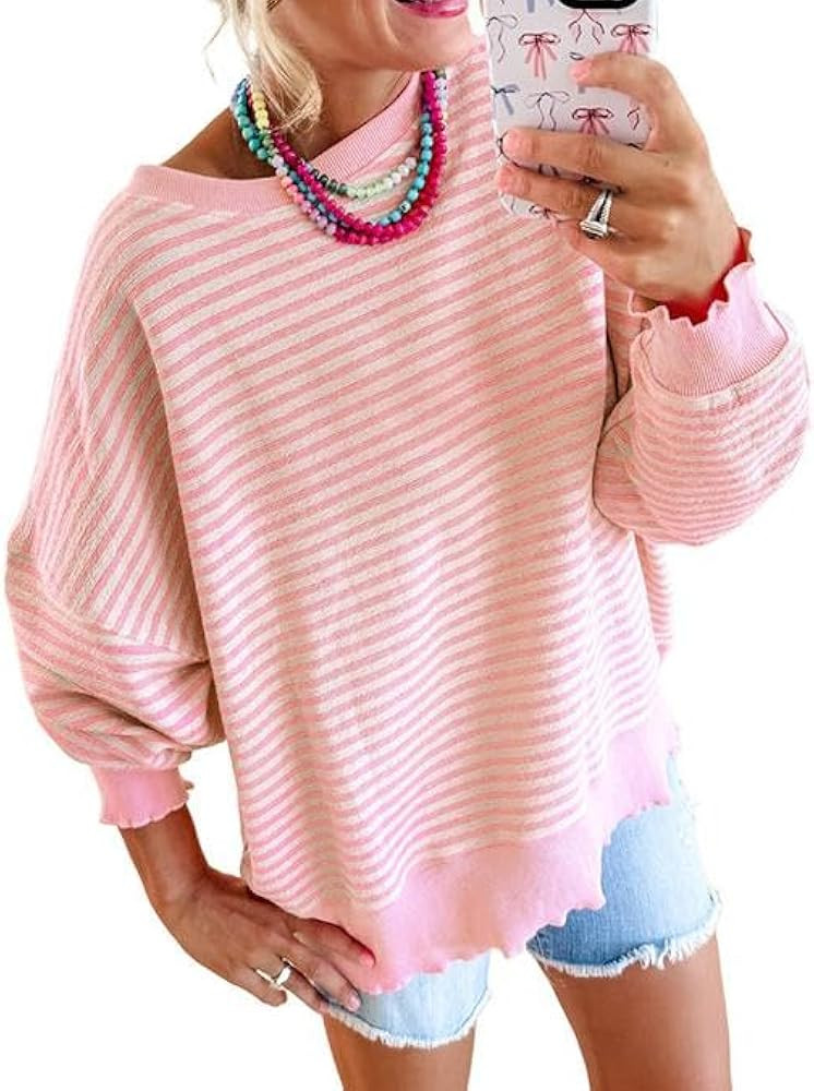 Melliflo Womens Striped Knit Oversized Sweatshirt Long Sleeve Crew Neck Loose Pullover Sweaters 2... | Amazon (US)