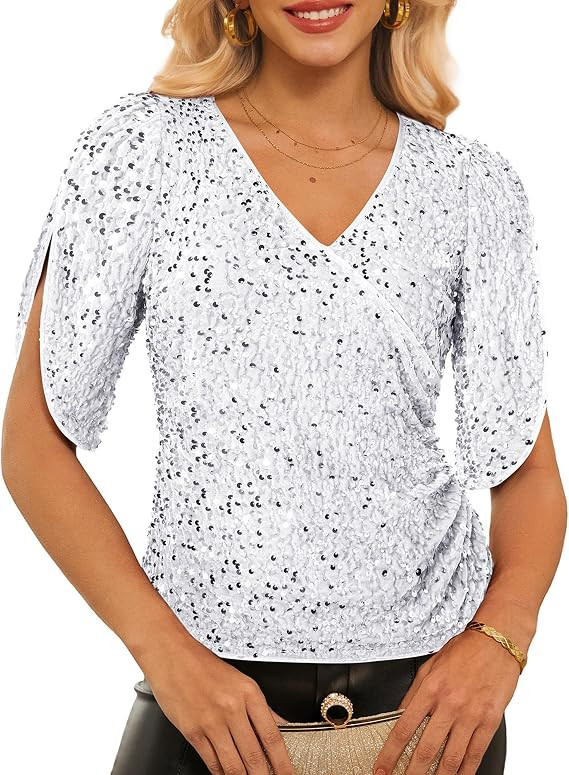 GRACE KARIN Womens 3/4 Length Sleeve Sequin Tops V Neck Velvet Ruched Blouses 2025 Glitter Trendy... | Amazon (US)