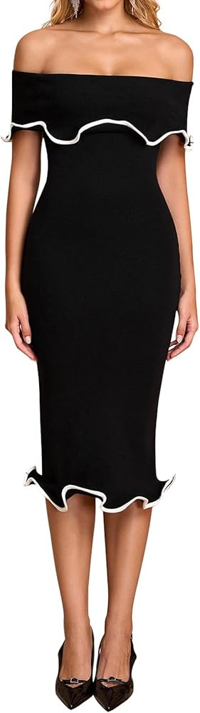 Fall Off The Shoulder Sweater Wedding Guest Dresses for Women Ruffle Bodycon Cocktail Party Midi ... | Amazon (US)
