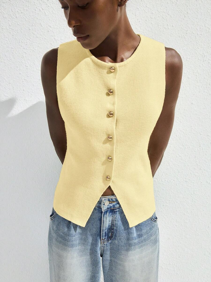 Maija Women's Solid Color Front Button Sleeveless Knit Top, Minimalist Design, Versatile For Casu... | SHEIN