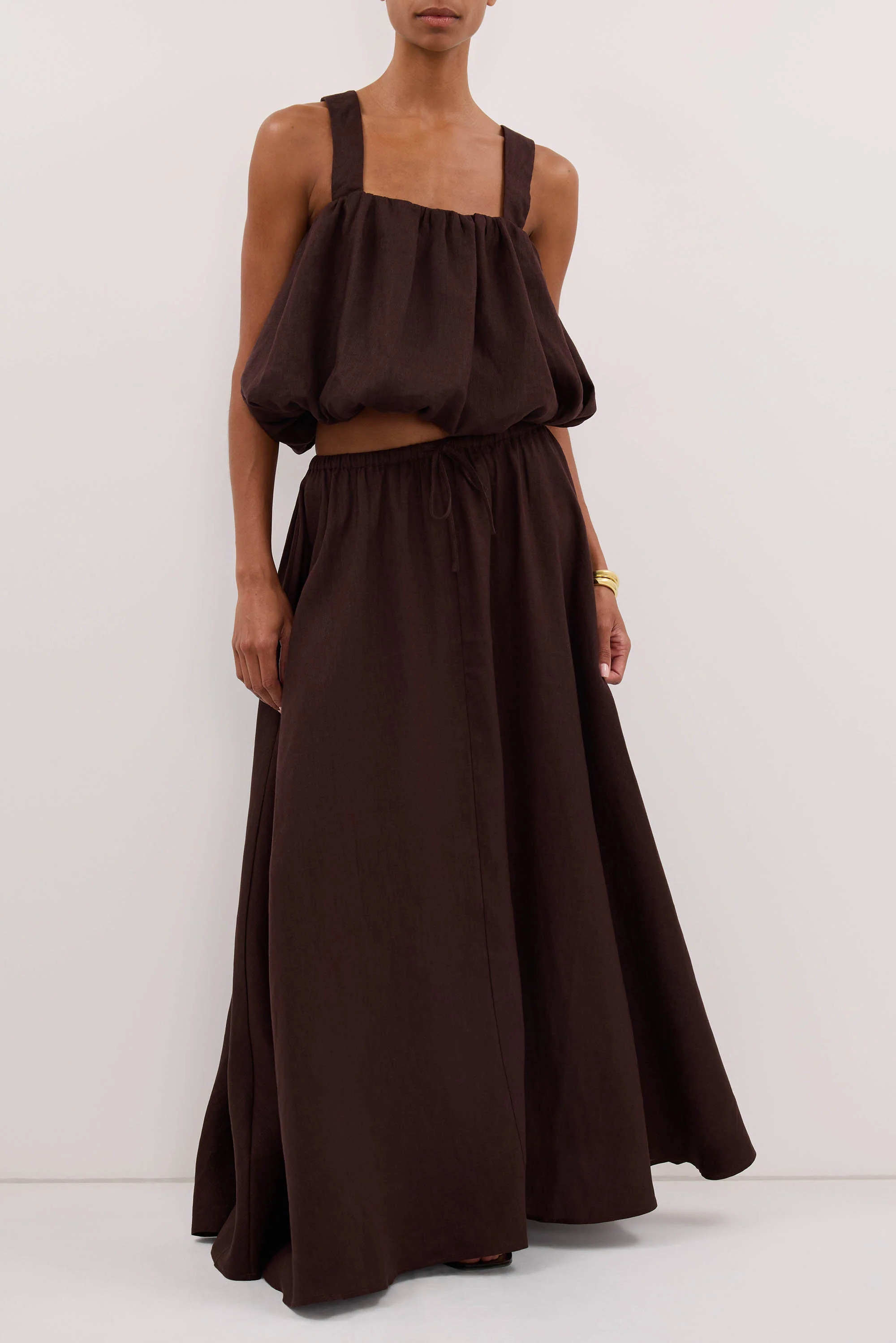 RAVELLO BURNT CHOC LINEN MIDI SKIRT | DISSH