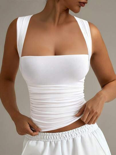 Fashionable Collared White Casual Vacation Fitted Tank Top, Suitable For All Seasons Summer | SHEIN