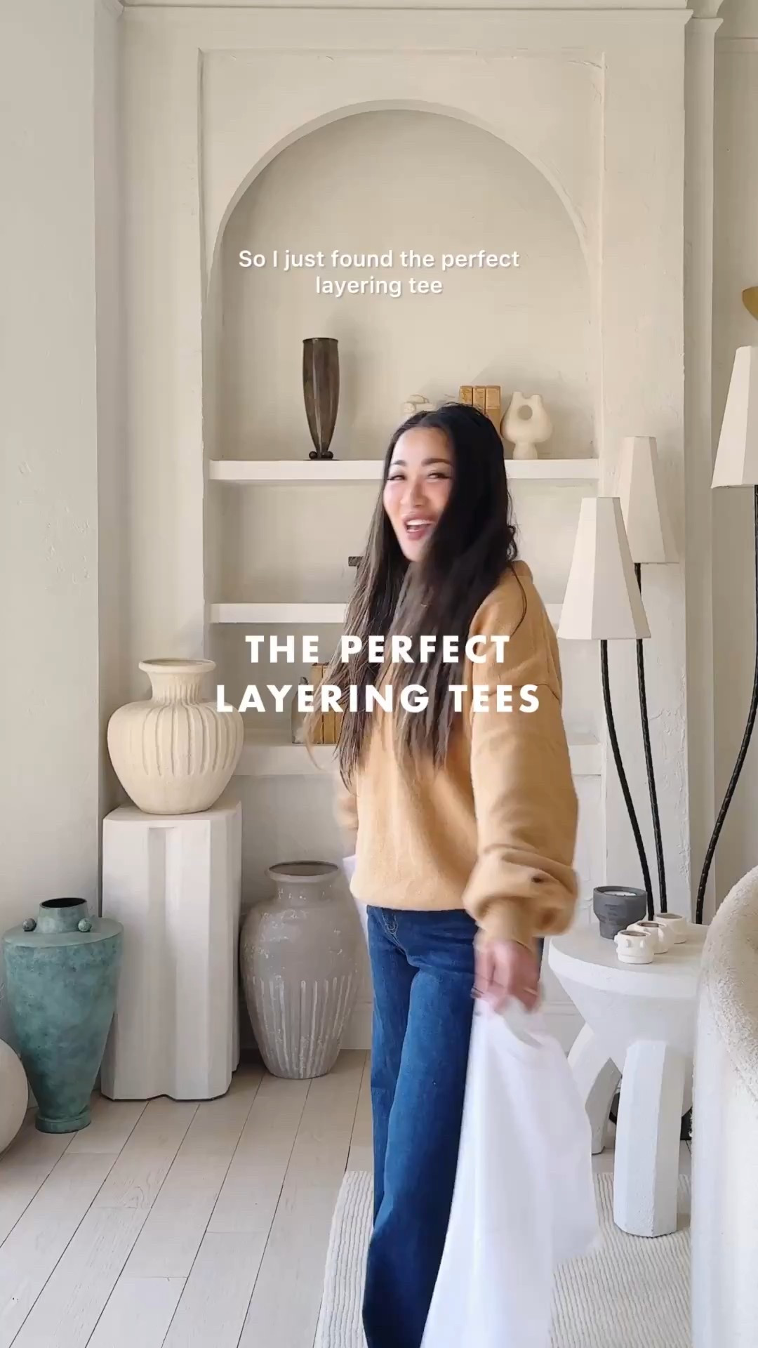 The perfect layering tee!

OLD NAVY: Under $10, breathable 100% cotton, relaxed fit, perfect as a layering tee or worn alone. I’m wearing an XS.

7DIAMONDS: Neckline is more secure (it doesn’t move around when under sweaters). I’m wearing an XS.

QUINCE SWEATERS: 100% cashmere. One of my favorite sweaters with a beautiful drape. I’m wearing an XS.

QUINCE JEANS: same jeans, different washes, midsection and petite friendly. I’m wearing a 26 x 30. Lighter wash ‘Frosted Blue’, darker wash ‘Midnight Blue.’ 

#LTKSaleAlert #LTKFindsUnder50 #LTKPetite