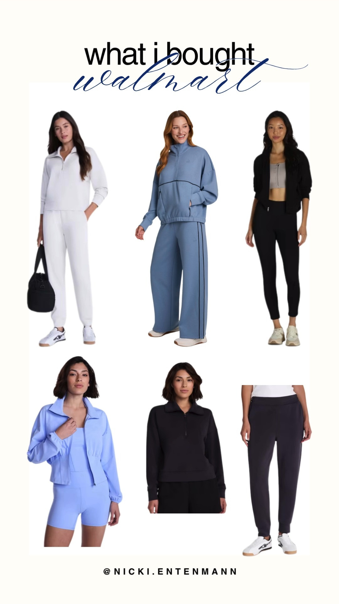 Here is a cozy autumn Walmart haul featuring budget-friendly athleisure and loungewear essentials! The roundup includes an off-white quarter-zip pullover with matching relaxed sweatpants for a monochrome look, a dusty blue piped half-zip set with wide-leg pants, and a head-to-toe black outfit styled with high-waisted leggings and a cropped tank. Additionally, the haul highlights a periwinkle blue active set with matching shorts, a versatile black quarter-zip sweatshirt, and tapered charcoal grey joggers paired with casual white sneakers.

#walmart #walmartfinds #whatibought #athleisure #loungewear #fallfashion #preppycasual #everydaystyle 

 #LTKootd #LTKfitnessgoals #LTKActive