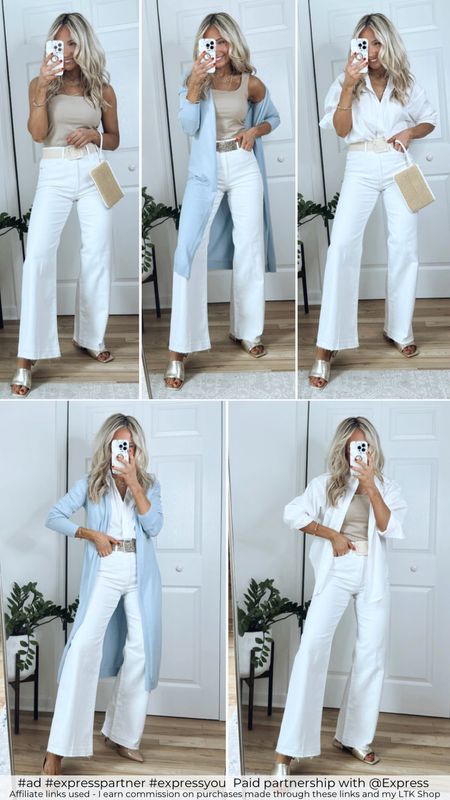 #ad 3-3-3 CHALLENGE! 
#expresspartner #expressyou   
Paid partnership with @Express 
Sizing info:
- White  wide leg jeans run TTS, wearing a 4 (regular length)
- White button up shirt runs TTS (it’s meant to be an oversized fit), wearing a small
- Body contour tank runs TTS, wearing a small
- Duster cardigan runs TTS, wearing a small 
- All shoes and belts run TTS 