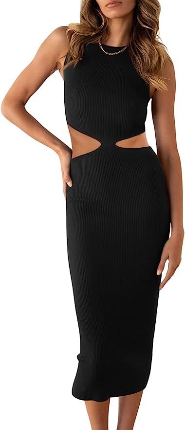 ANRABESS Women's Summer Midi Bodycon Dresses Casual Crew Neck Side Slit Sleeveless Knit Cut Out T... | Amazon (US)