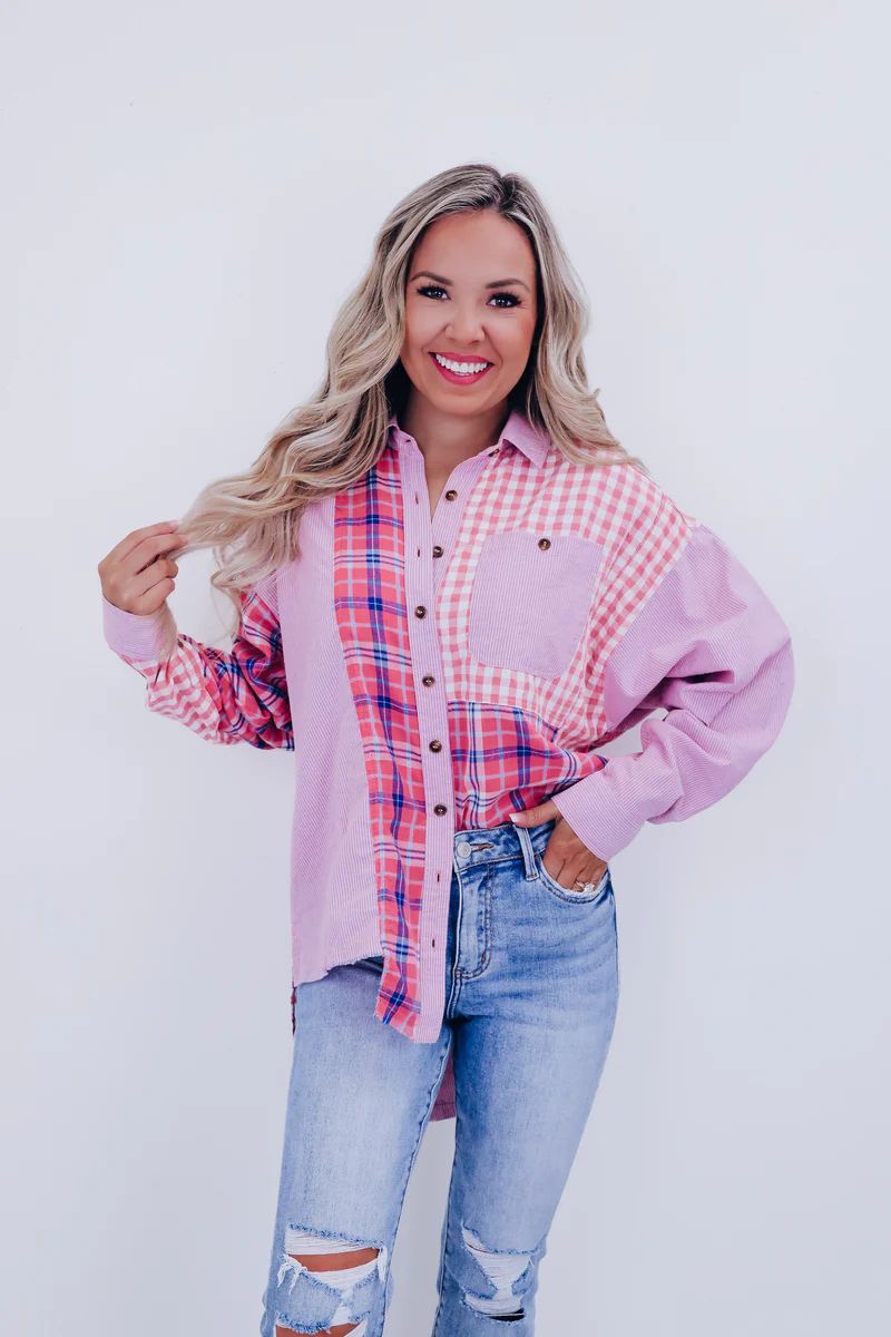 Penny Patchwork Color Block Top - Pink/Navy | Whiskey Darling Boutique