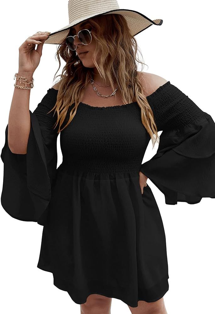 SOLY HUX Women's Plus Size Off Shoulder Long Sleeve Shirred Ruffle A Line Dress | Amazon (US)