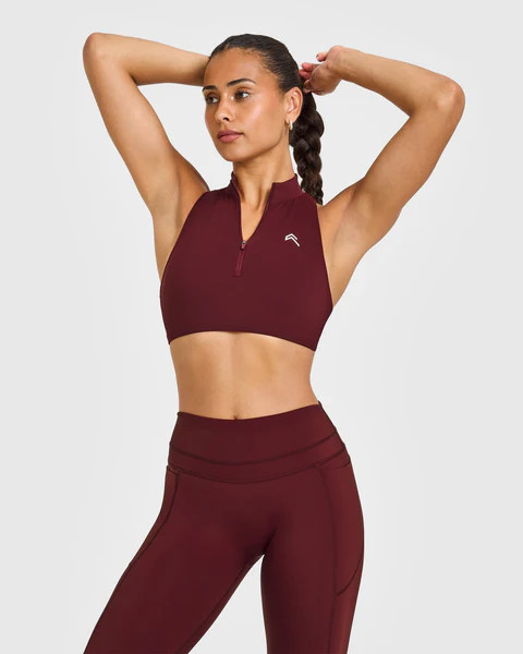 EasyLift™ Zip High Neck Sports Bra with White Logo 
 Rosewood | Oner Active (UK / US)