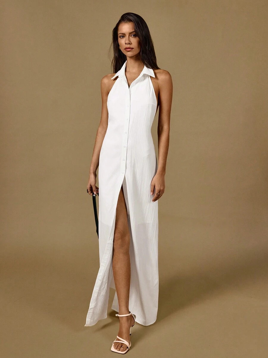 Poéselle Halterneck Lapel Sleeveless Front Button Waist Line Maxi Shirtdress, Casual Style, Casu... | SHEIN
