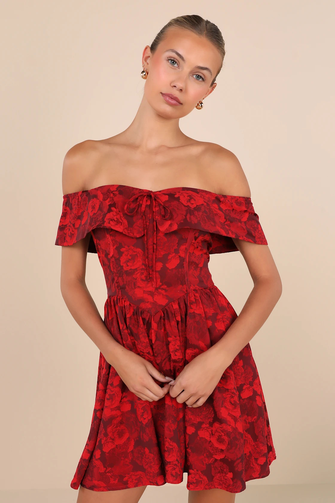 Enviable Charm Red Floral Jacquard Off-the-Shoulder Mini Dress | Lulus