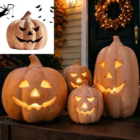Fall Decor - 7.8" Halloween Decor Resin Pumpkin Jack O' Lantern, Vintage Autumn Farmhouse Table Decorations for Home Indoor Outdoor Porch Mantel | Walmart (US)