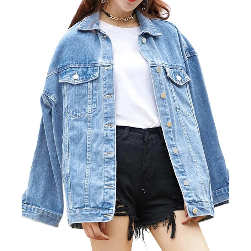 Women'S Oversized Mid Long Denim Jacket Jean Biker Coat Light Blue L | Walmart (US)