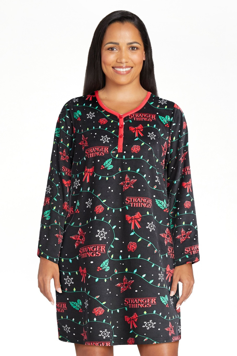 Stranger Things Women's and Women's Plus Christmas Print Henley Sleepshirt and Plush Socks Set, 2... | Walmart (US)