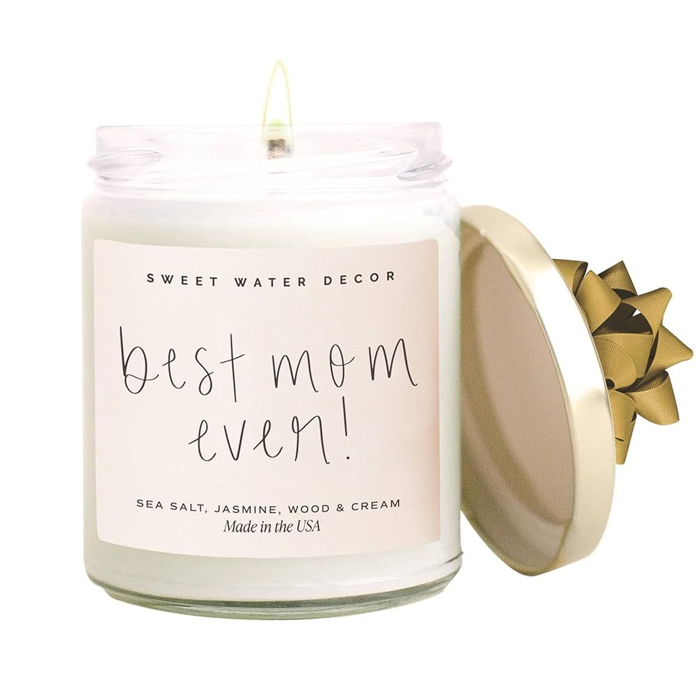 Sweet Water Decor, Best Mom Ever, Sea Salt, Jasmine, Cream, and Wood Scented Soy Wax Candle for Home | 9oz Clear Jar, 40 Hour Burn Time, Made in the USA | Amazon (US)