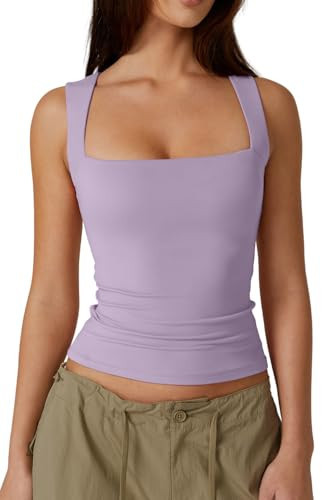 QINSEN Women's Square Neck Sleeveless Double-Layer Tank Tops Basic Tight T Shirts Purple XS | Amazon (US)