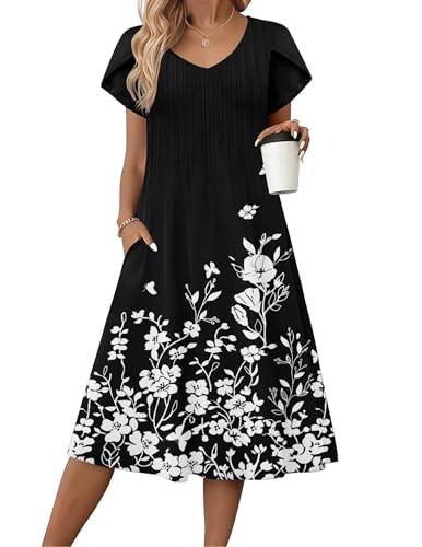 Zeagoo Womens Floral Midi Dress Summer Loose Dresses for Women 2026 Flowy Sundresses Ladies Boho Beach Dress Hawaii Black L | Amazon (US)