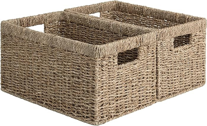 StorageWorks Wicker Storage Basket for Organizing, Medium Seagrass Storage Baskets with Built-in ... | Amazon (US)
