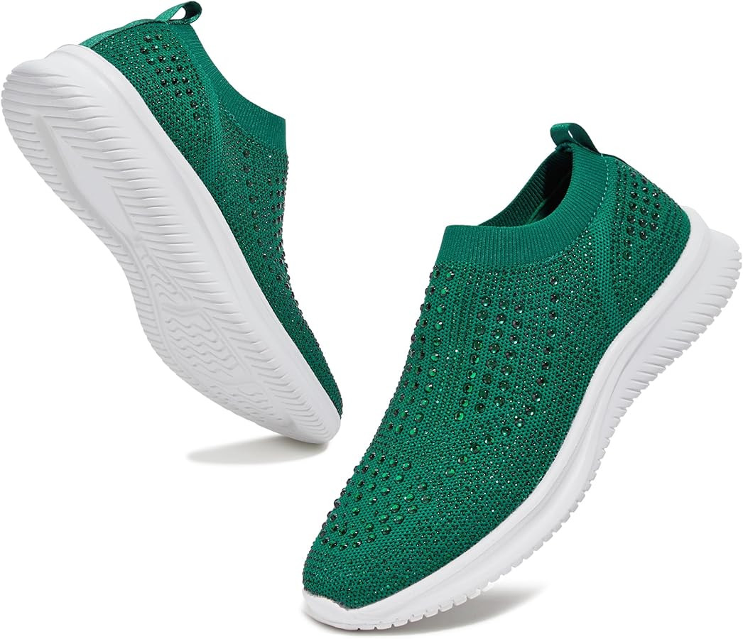 BELOS Women's Rhinestone Mesh Slip On Walking Shoes Fashion Breathable Spakle Glitter Sneaker | Amazon (US)