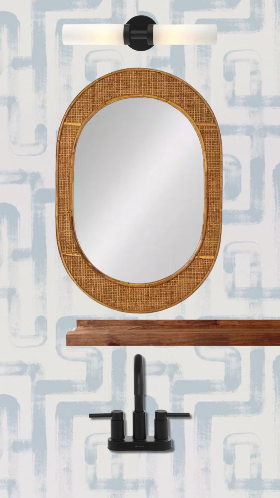 Powder room, coastal powder room, woven mirror, black vanity light, black faucet, wooden picture shelves 

#LTKHome #LTKxNSale #LTKSaleAlert
