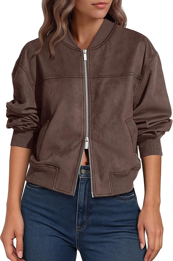 Lazysmile Women's Faux Suede Bomber Jackets Fall Fashion Outfits | Winter Clothes, Stand Collar, ... | Amazon (US)