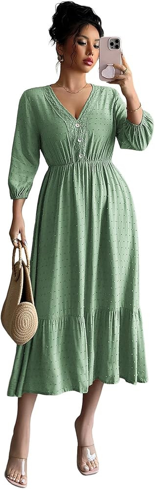 Womens Midi Dresses Spring Summer 3/4 Sleeve Lace V Neck Swiss Dot Long Maxi Dress for Holiday Pa... | Amazon (US)