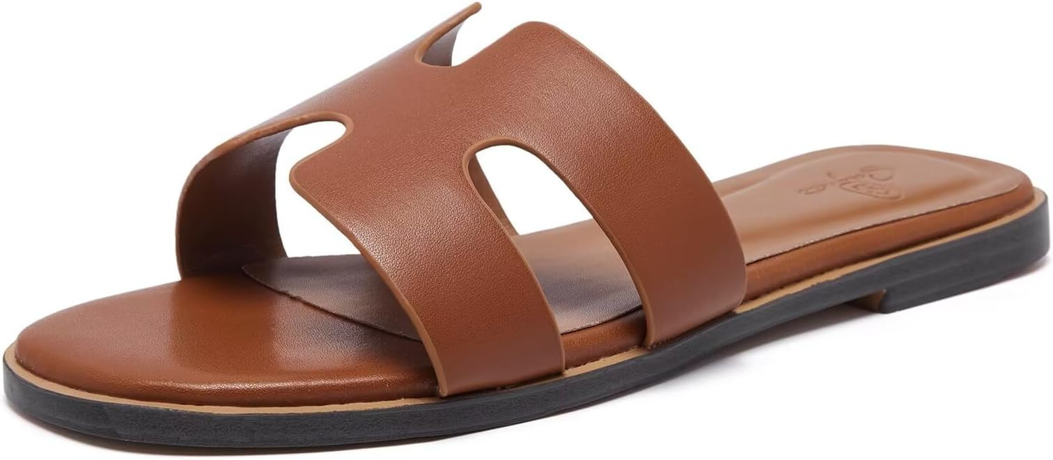 Women's Leather Flat Sandals Slipper - 2024 Summer Fashion Comfortable Memory Foam Slides for Wom... | Amazon (US)