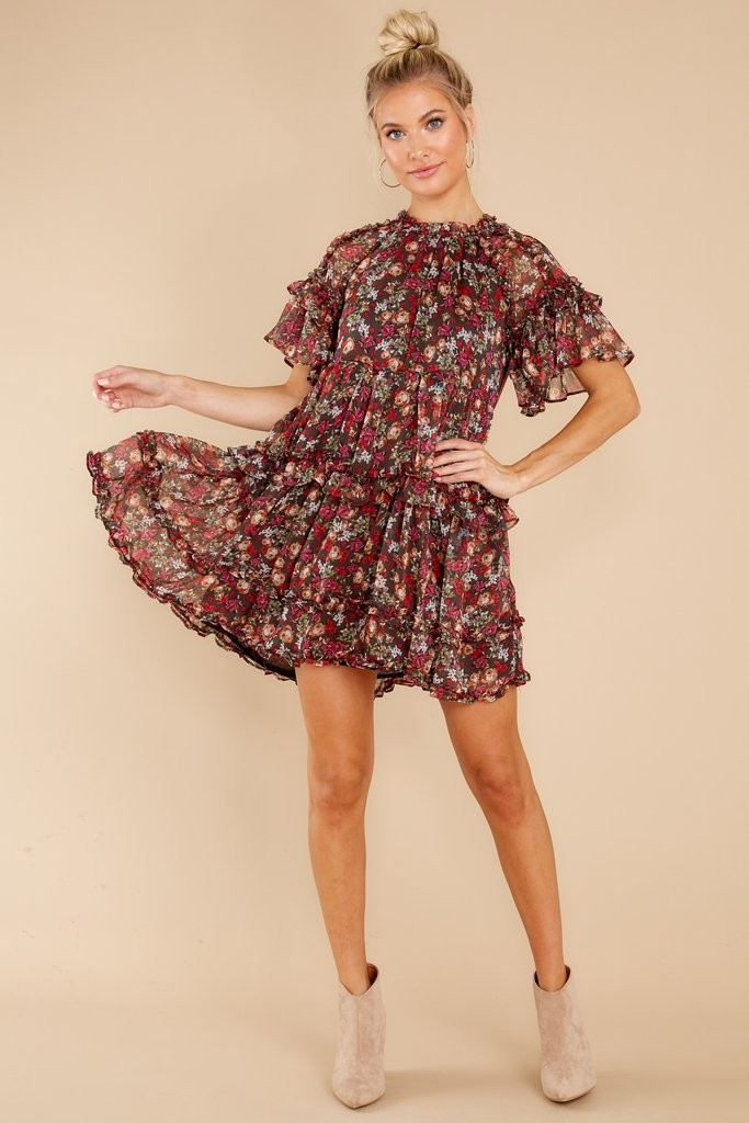 Floral Touch Black Multi Print Dress | Red Dress 