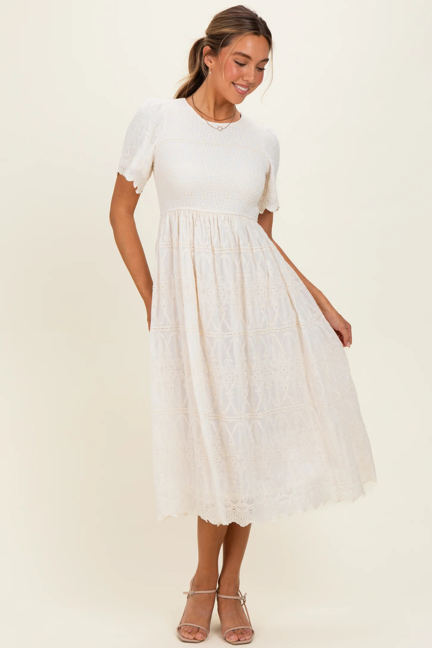 Cream Smocked Embroidered Midi Dress | PinkBlush Maternity