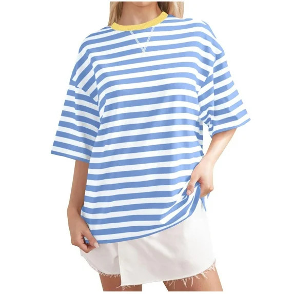 Timegard Womens Tops Summer Striped Crewneck Short Sleeve Comfy Blouse Casual Loose Workout Tshir... | Walmart (US)