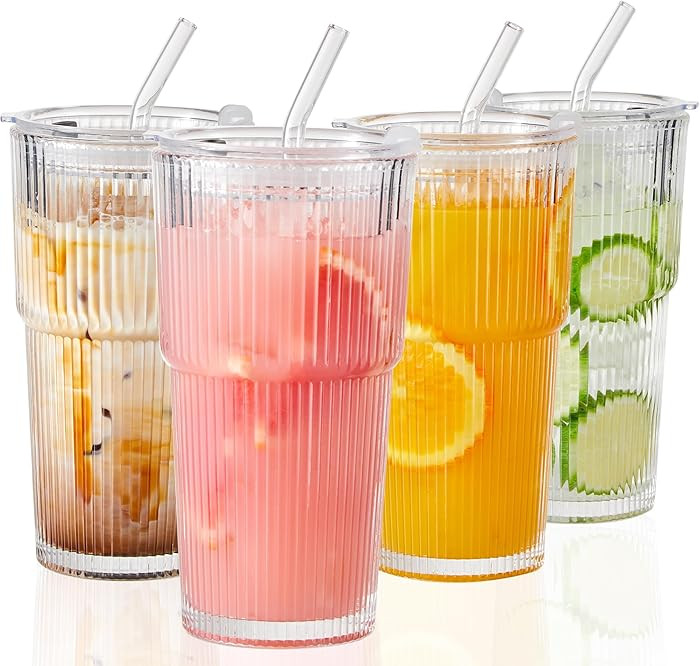Wells 20oz Glass Cups with Lids and Straws, Ribbed Iced Coffee Cups, Thickened Drinking Glass Tum... | Amazon (US)