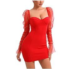 L'VOW Sexy See-Through Mesh Sheer Puff Long Sleeve Club Dress Bodycon Party Clubwear for Women | Amazon (US)